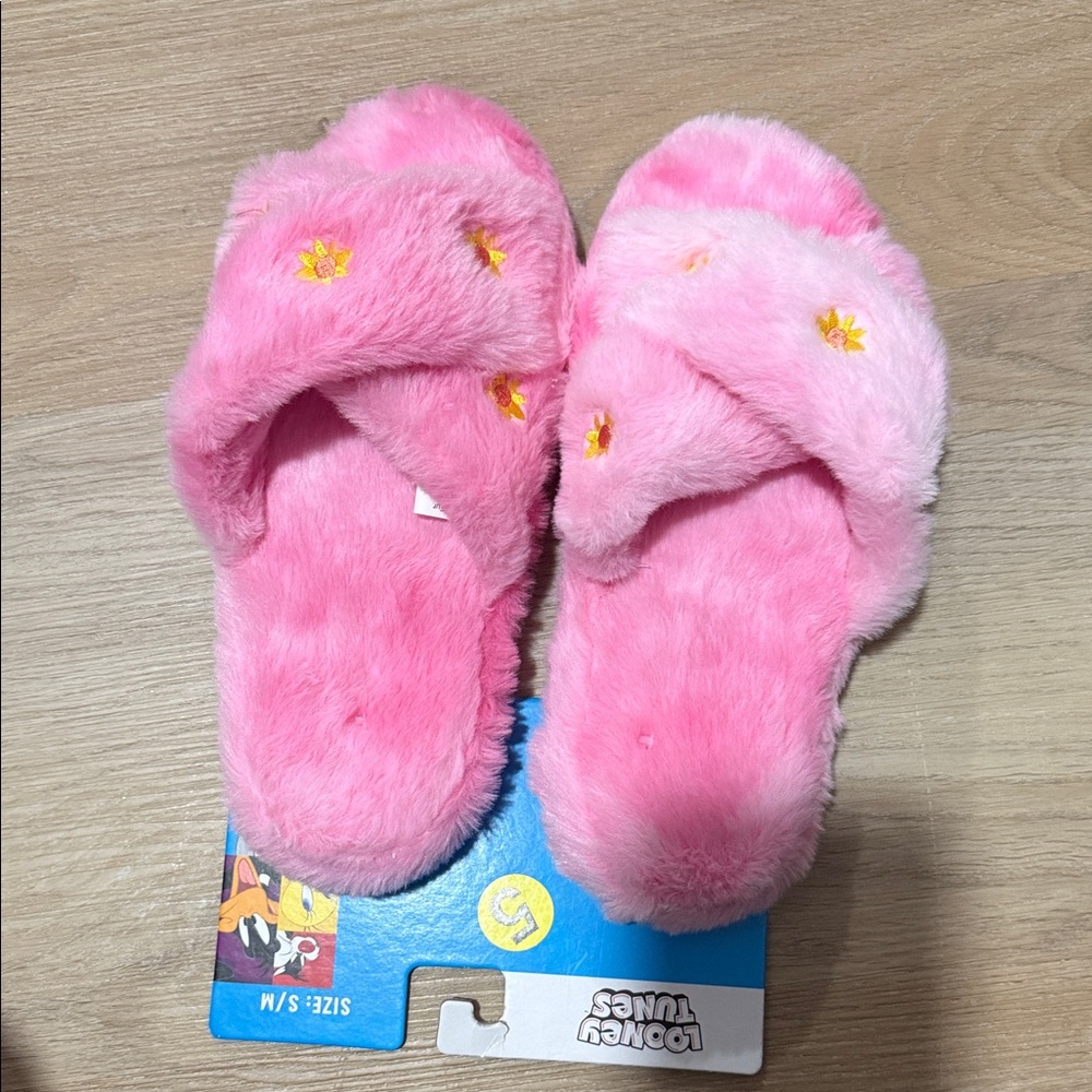 Pink Fuzzy Slide Slippers with Yellow Flower Embroidery